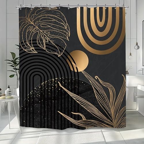Yookeb Abstract Black Gold Minimalist Bathroom Shower Curtain 60W by 71H Inch Aesthetic Modern Contemporary Leaves Mid Century Neutral 12 Plastic Hooks Waterproof Decor thumbnail 6
