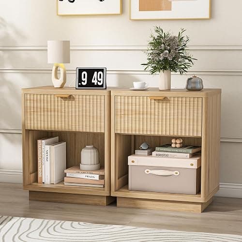 Nasonet Fluted Nightstand Charging Station,Wood Modern Night Stands Storage Cabinet for Bedroom,Oak Bedside Table with Drawers thumbnail 8