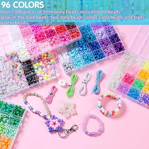 SJZWSD Kandi Beads Bulk Pony Beads Kit 3600+ Pcs, Rave Bracelet Making Set with Glow in The Dark, 96 Colors UV Star Heart Flower Alphabet Letters for Girls Kids Teens DIY Gift thumbnail 2