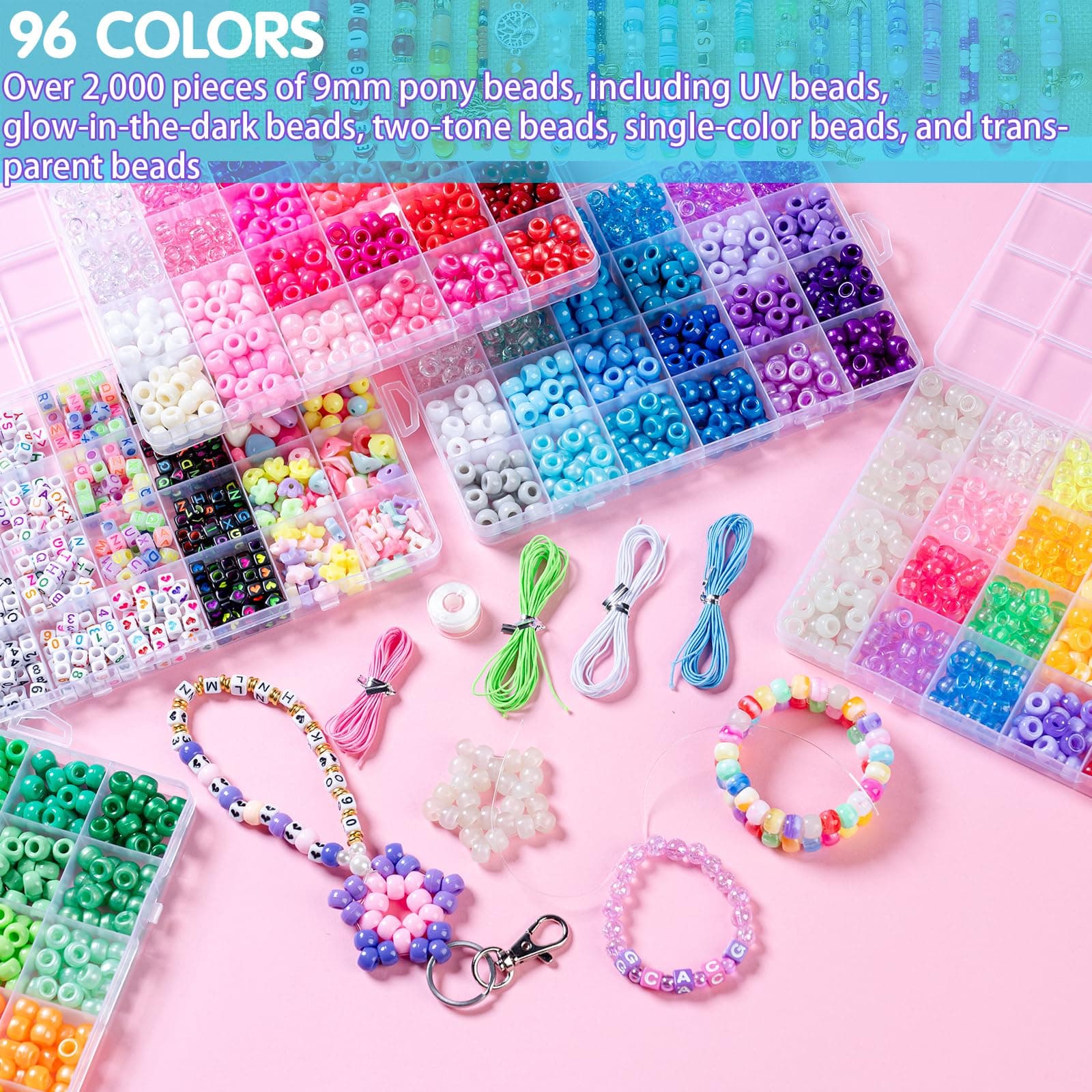 SJZWSD 5 Boxes Bracelet Making Kit Pony Beads, Kandi Beads and Hair Beads Set with UV Color Change, Luminous in the Dark, Chrome and Alphabet Letters for Friendship Jewelry DIY Crafts thumbnail 2