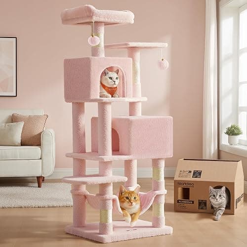 Feandrea Cat Tree, 59.5-Inch Tall Cat Tower, Plush Multi-Level Condo with 5 Scratching Posts, 2 Perches, 2 Caves, Hammock, 2 Pompoms, Jelly Pink UPCT192P01 - Image 1