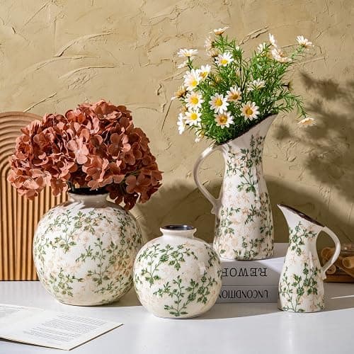 SURE YUESI Set of 2 Vases, Green and Beige Pastoral Vintage Vase Set for Flowers, Rustic Farmhouse Decorative Vases for Home Decor, Chinoiserie Floral Vase, Living Room Table Centerpiece thumbnail 7