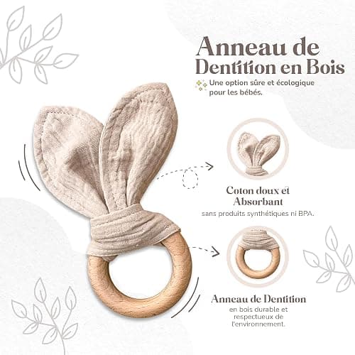 Mikito Coffret Cadeau Naissance Bébé Doudou Lapin, Bavoir Bandana, Mordedor Bois & Carte - 100% Coton Bio Certifié Oeko-TEX et GOTS - Cadeau pour Fille & Garçon thumbnail 5