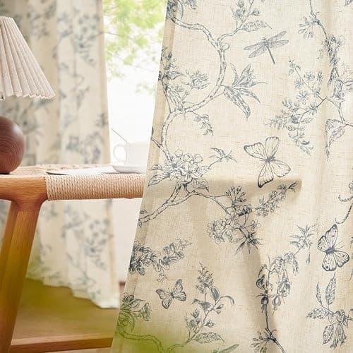 Lazzzy Blue Floral Curtains 84 Inch Length Linen Farmhouse Curtain Back Tab Drapes for Living Room Bedroom Light Filtering Vintage Rod Pocket Curtains, 2 Panels, Blue on Beige thumbnail 5
