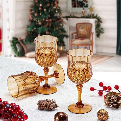 XUWAIDSGN 24Pcs Plastic Vintage Wine Glasses 7oz Reusable Embossed Goblet Glasses Pink Retro Wine Glassware Unbreakable Stemmed Champagne Water Cups for Wine Cocktail Juice Wedding (24, Brown) thumbnail 2