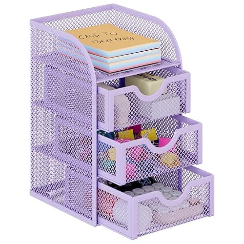 EasyPAG Mesh Desk Organizer with 3 Drawer Office Desktop Organizers and Accessories Stationery Caddy for Office, Home, Students, Purple - Image 1