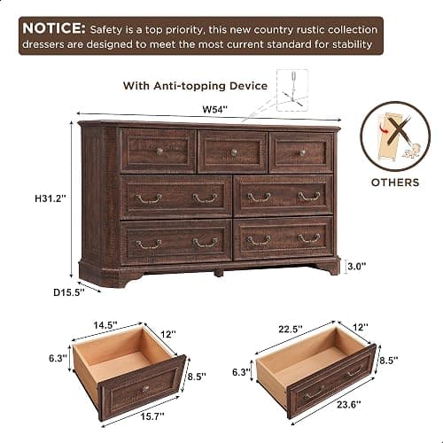 T4TREAM Farmhouse 7 Drawers Dresser for Bedroom, 54" Wide Wood Rustic Chest of Drawers with Natural Texture, Vintage Design, Storage Dressers Organizer for Bedroom, Living Room, Reclaimed Barnwood thumbnail 2