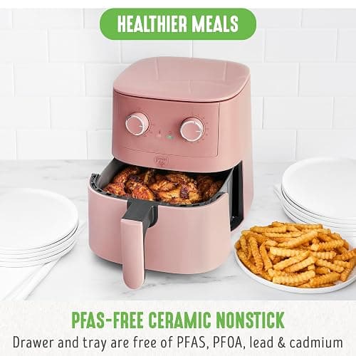 GreenLife 4.5QT Air Fryer, Mechanical Dial Controls, PFAS-Free Ceramic Nonstick Drawer, Adjustable Temp & Timer, LED Indicator, Oil-Less Cooking, Dishwasher Safe, Compact Family Size, Pink thumbnail 2