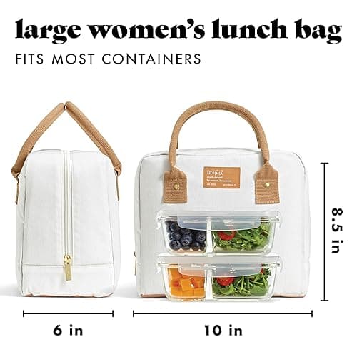 Fit & Fresh Lunch Bag For Women, Insulated Womens Lunch Bag For Work, Leakproof & Stain-Resistant Large Lunch Box For Women With Containers, Zipper Closure Bloomington Bag, Ivory Woven thumbnail 4