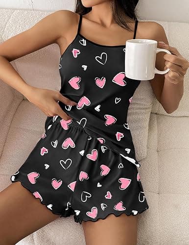 Ekouaer Womens Cami Pajama Sets 2 Piece Cute Print Pjs Soft Tank Top & Elastic Waist Shorts Camisole Lounge Set thumbnail 2
