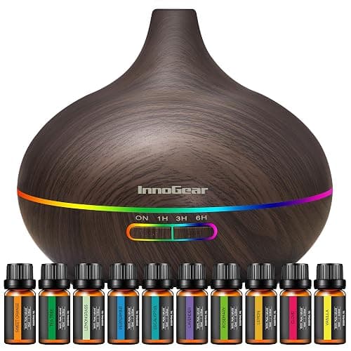 InnoGear Aromatherapy Diffuser & 10 Essential Oils Set, 400ml Diffuser Ultrasonic Diffuser Cool Mist Humidifier with 4 Timers 7 Colors Light Waterless Auto Off for Large Room Office, Dark Wood Grain - Image 1