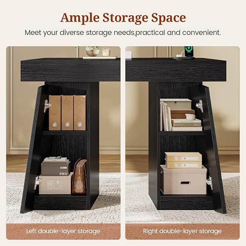 UPOSOJA 55.9 in Executive Desk with Power Outlets, Modern Home Office Desk with Storage Cabinet, Wood Computer Desk Business Workstation Desk Conference Table, Black (Storage Cabinet) thumbnail 4