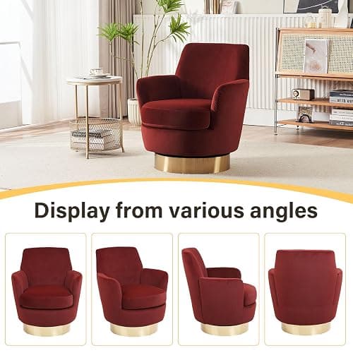LUCKHAO Swivel Barrel Chair Set of 2,Modern Velvet Upholstered Round Swivel Accent Chairs with Tall Backrest,360 Degree Single Sofa Chair Armchair for Living Room, Brownish Red thumbnail 5