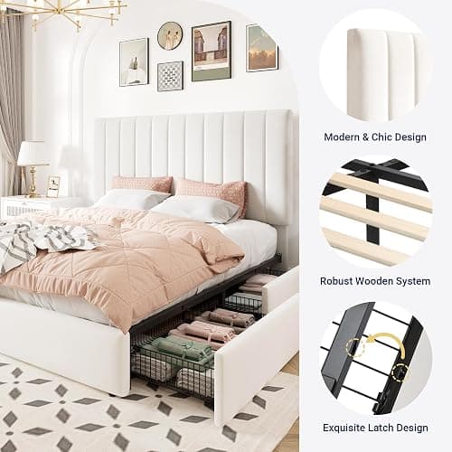 Allewie Full Size Storage Bed Frame, Vertical Channel Tufted Adjustable Headboard, Velvet Upholstered Platform Bed with 4 Oversized Underbed Drawers, Wooden Slats Support, No Box Spring Needed, White thumbnail 6