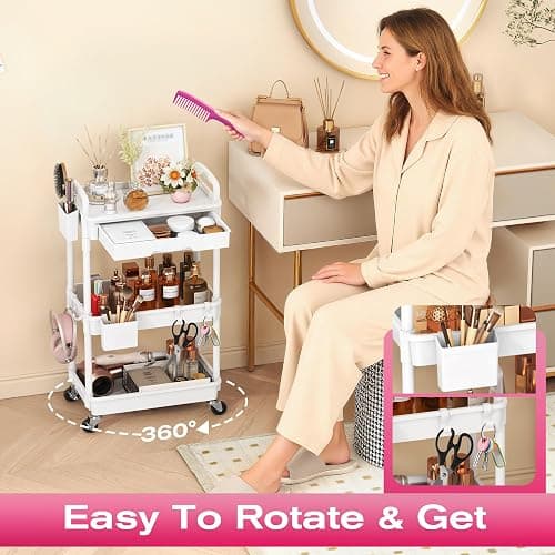Goovilla Rolling Makeup Organizer Cart with Removable Drawer, 3 Tier White | Stable Floor Skincare Storage Cart for Vanity, Cosmetic Display, Nail Polish, Perfume, Hair Stuff, Beauty, Bathroom(Plastic) thumbnail 5