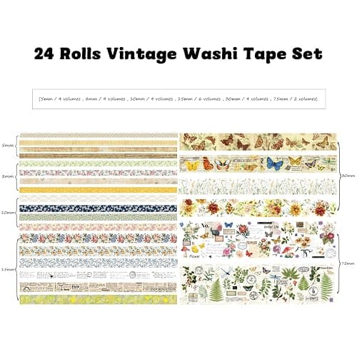 24 Rolls Vintage Washi Tape Set, Floral Letter Butterfly Mushroom Botanical Flower Writable Decorative Tapes for Scrapbooking , Junk Journal supplies, Bullet Journaling 5-75mm Wide 9.84ft long/Roll thumbnail 3