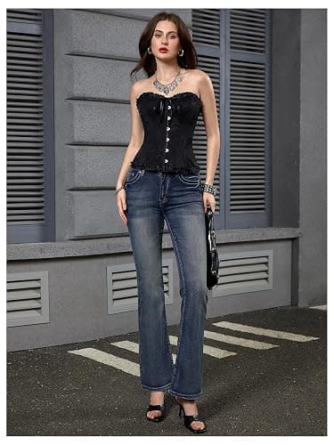 WDIRARA Women's Goth Punk Rhinestone Embroidered Flare Jeans Bootcut Denim Pants thumbnail 6