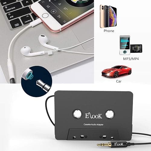 Elook Car Cassette Aux Adapter Kit,with 3.5 mm Headphone Jack Adapter,Black | for Phone, MP3 etc thumbnail 2