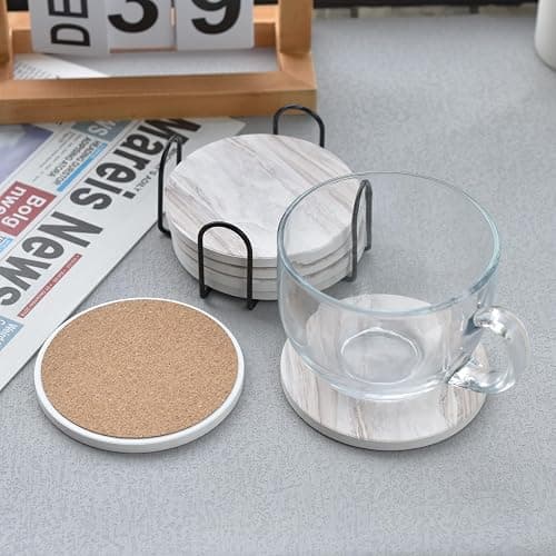 6PCS Coasters for Drinks with Metal Holder, Marble Style Ceramic Drink Coaster, Absorbent Coasters Set Suitable for Kinds of Cups, Wooden Table, Cool Home Decor, 4 Inches thumbnail 7