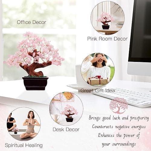 Parma77 Feng Shui Natural Rose Pink Quartz Crystal Money Tree, Healing Crystal Trees Bonsai Style Decoration for Wealth and Luck for Home Decor, Gifts for Women thumbnail 5