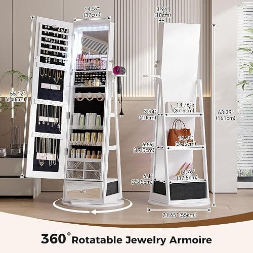 HWB Jewelry Cabinet with LED Mirror, 360° Swivel & Remote Control, White | Remote-controlled RGB LED Lighting, Spacious Storage with Shelves and Drawer thumbnail 2