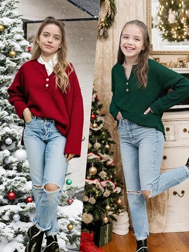 Girls Winter Sweaters 2025 Fashion Teen Tops Henley Kids V Neck Long Sleeve Loose Shirts Fall Warm Clothes thumbnail 5