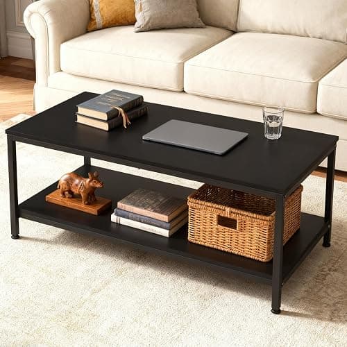 SUPER DEAL 2-Tier Coffee Table with Storage Shelf for Small Apartment Living Room, Rectangle Wood and Stable Metal TV Stand Side End Table, Black thumbnail 2