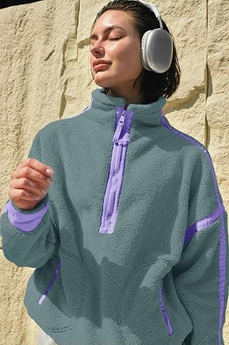 Panadila Womens Half Zip Sherpa Fleece Pullover Soft Oversized Sweatshirt with Pockets Warm Fuzzy Sweater thumbnail 6