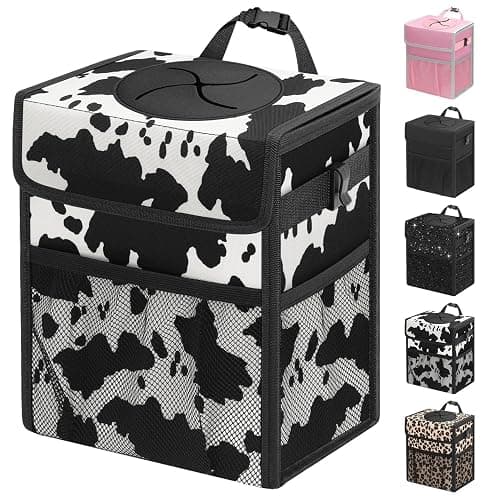 Capolo Car Trash Can with Lid, Leakproof Car Trash Bag Hanging Waterproof Automotive Garbage Can with Storage Pockets Mini Vehicle Trash Bin for Back/Front Seat(Cow Print,2.5 Gallon) - Image 1