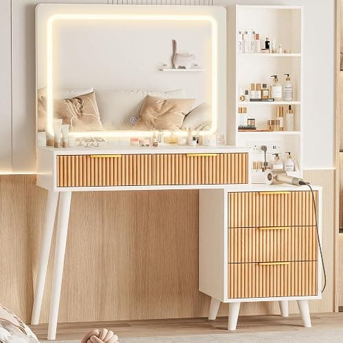 Makeup Vanity Desk with Mirror and Lights, Makeup Vanity with 5 Drawers&Storage Shelves, Vanity Table with Power Outlet, 3 Color Adjustable Lighting Dressing Table Set for Bedroom Oak - Image 1