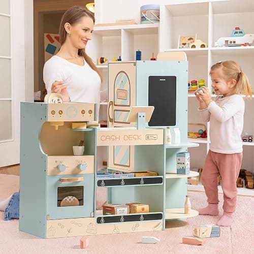 ROBUD Grocery Store Playset, Kids Play Store, Wooden Supermarket Playset with Cash Register, Chalkboard, Vending Machine, Coffee Machine, Oven, Play Food Accessories, Gift for Boys Girls 3+ thumbnail 9