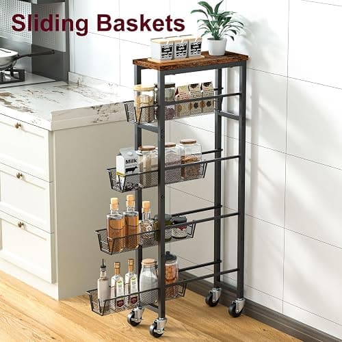 Honest Slim Storage Cart 4-Tier Slim Rolling Cart with Metal Frame and Wooden Top, 6.3 Inches, Storage Cart for Kitchen, Dining Room, Living Room, Bathroom, Home Office, Rustic Brown and Black thumbnail 4