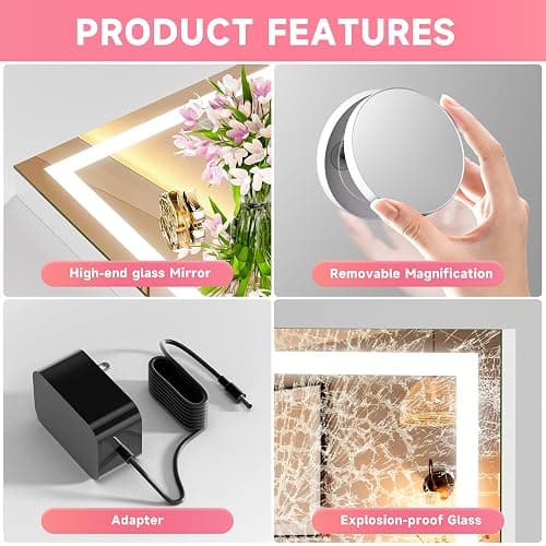 Batuso Vanity Mirror with Lights, 28" x 20" LED Makeup Mirror with 10X Magnification, Dimmable 3 Modes, Memory Function, Smart Touch, USB Charging Port, Lighted Makeup Mirror Square White thumbnail 8