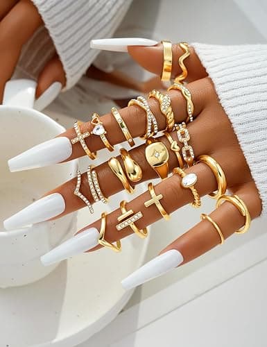 Gold Stackable Rings Set for Women, Gold Plated Chunky Crystal Finger Rings | Midi Stacking, Women's Rings, Dainty Statement Thumb Knuckle Rings Pack, Multiple Sizes Jewelry, Ideal Gift thumbnail 5