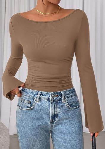 PRETTYGARDEN Womens Long Sleeve Shirts 2026 Spring Crop Going Out Tops Casual Boat Neck Bell Sleeve Ribbed Ruched Y2K Clothes thumbnail 8