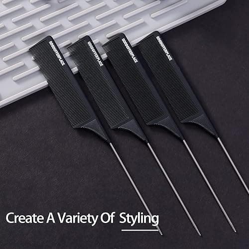Goodofferplace 4PCS Hair Rat Tail Combs Carbon Parting Rattail Combs Teasing Fine Tooth Comb Metal Pick Detangling Combs Set for Women for Curly,Braiding,Styling Hair(Black) thumbnail 7
