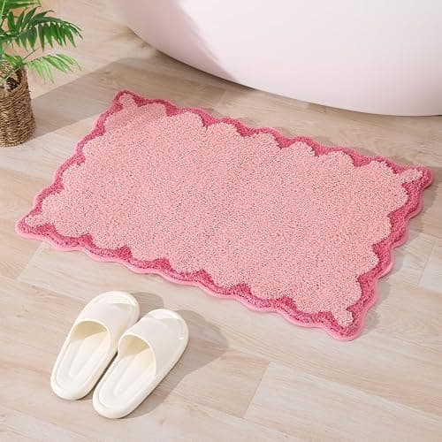 ORTIGIA Small Pink Scalloped Bath Mat, Cute Plush Microfiber Scallop Bathroom Rugs Non Slip Washable Quick Dry Absorbent, Bathmat Carpet for Shower Stall Vanities Kitchen Floor Entrance, 17x24 - Image 1