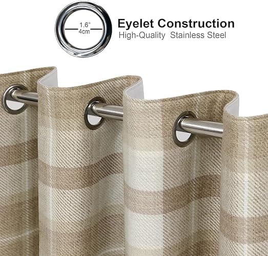 always4u 100% Blackout Curtains Check Eyelet Curtain Bedroom Plaid Woven Brushed Cheque Pair of Highland Woolen Look Window Treatment for Living Room Beige 46 * 90 Inches thumbnail 6