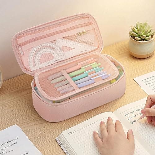 SUNEE Cute Pencil Case, Large Capacity Pencil Pouch, Big Storage Organizer for Stationery, Zipper Pen Bag, Back to School Supplies, Office Organizer Makeup Bag, for Teen Girl Boy Men Women, Pink thumbnail 2