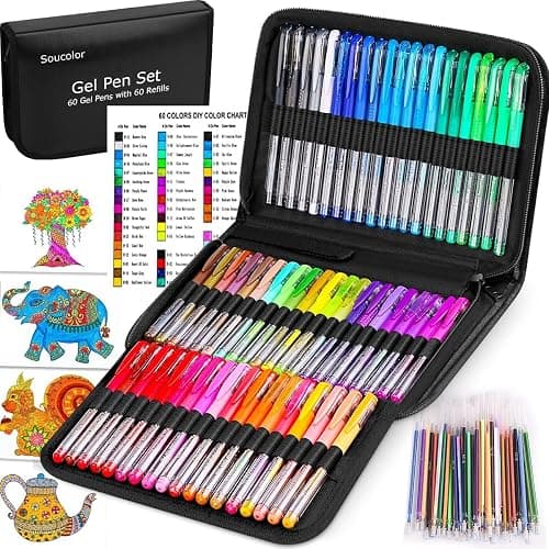 Soucolor Gel Pens for Adult Coloring Books, Deluxe 120 Pack-60 Colored Gel Pens, 60 Refills and Travel Case, with 40% More Ink Gel Art Markers Set for Drawing Journaling Scrapbooking Art Kit Supplies - Image 1