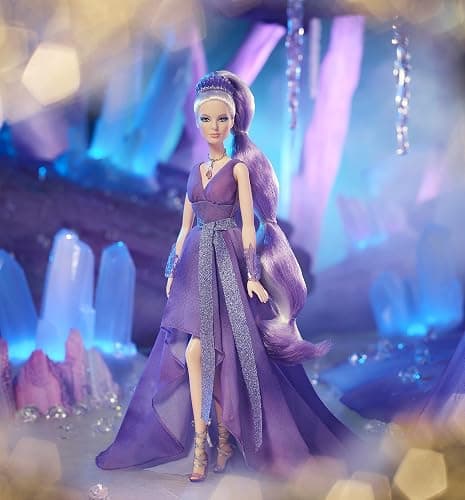 Barbie Crystal Fantasy Collection Amethyst Doll (13-in, Platinum Hair) with Genuine Amethyst Stone Necklace, Wearing Gown and Accessories, Gift for Collectors - Purple thumbnail 2