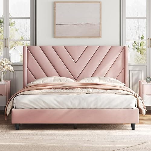 Yaheetech Queen Bed Frame Upholstered Platform Bed with Wing Side/Wooden Slat Support/Tufted Headboard with Wing Side/Mattress Foundation/No Box Spring Needed,Pink Queen Bed thumbnail 3