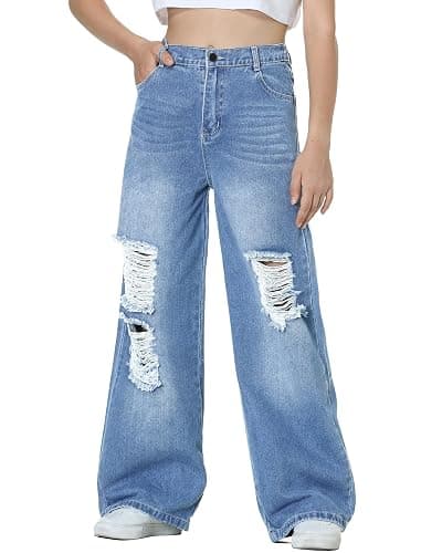 EXARUS Girls Jeans Baggy Pants Wide Leg/Flare Teen Clothes Ripped Denim Tween Preppy Casual Youth Kids Junior 6-14Y - Image 1