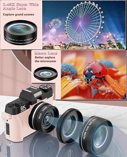 FLATIC Cameras for Photography, 6K 64MP Digital Camera with WiFi & Microphone for Youtuber, Vlogging Camera with 180°Flip Screen, 64GB Card, 2 Batteries, Macro & Wide-Angle Lens, Card Reader thumbnail 6