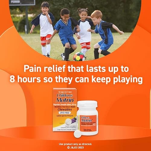 Motrin Children's Dye-Free Chewable Tablets with Ibuprofen, Kids' Fever Reducer & Pain Reliever for Sore Throat, Fever, Toothache & Pain Relief, Grape Flavor, 24 Ct thumbnail 4
