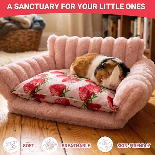 KAYCOWZA Guinea Pig Bed, Washable Fleece Pink Small Pet Cage Accessories | Strawberry Cozy Small Animal Sofa Couch for Guinea Pig, Bunny, Chinchilla, Hamster, Ferret, Hedgehog thumbnail 5