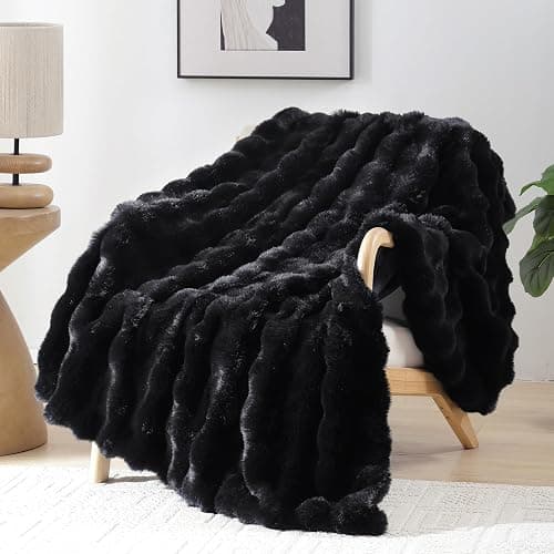 Smoofy Faux Fur Throw Blanket for Couch – Black Fluffy Cozy Rabbit Fleece, Plush Soft Bubble Blanket for Sofa & Bed, for Mom, Warm Fuzzy Home Room Decor Throw 50" x 60" - Image 1