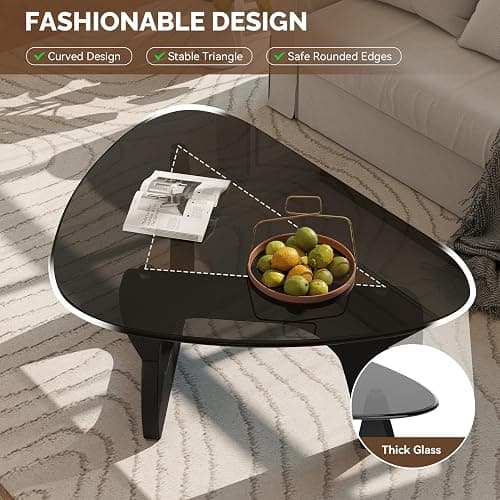 Daluvenix Modern Glass Coffee Table, Triangle Center Table with Tempered Glass Top& Unique Wooden Base, 42.5” Mid Century Tea Tables for Living Room, Apartment, Office,Black & Grey thumbnail 3