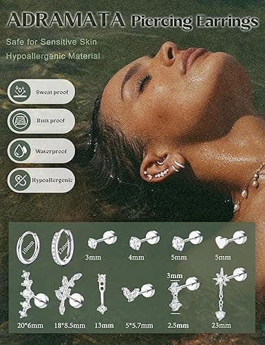 Adramata 12 Pairs Stud Hoop Earrings for Women Hypoallergenic Flat Back Earrings Stud Huggie Earring Sets for Multiple Piercing Conch Cartilage Earring Gold Silver Tragus Helix Piercing Jewellery thumbnail 5