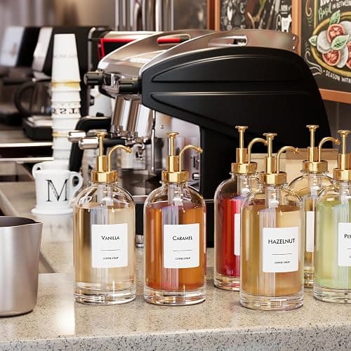 16.9 oz (500 ml) Coffee Syrup Dispenser Set- 4 Glass Bottles with Gold Pumper and Syrup Labels - Precise Dispensing and Stylish Addition to Coffee Shop, Cafe or Home Bar thumbnail 2